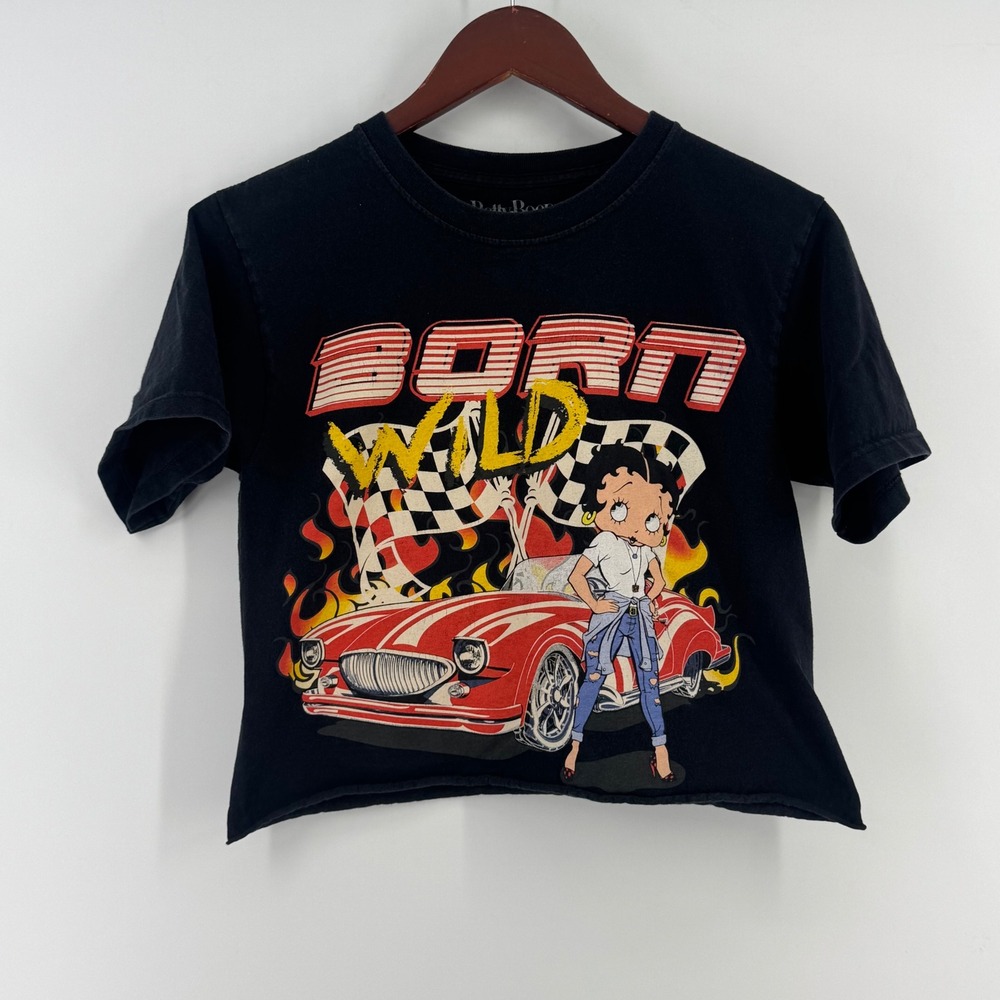Betty Boop Born Wild Racing Graphic Cropped T-Shirt Black Small 0595‎
